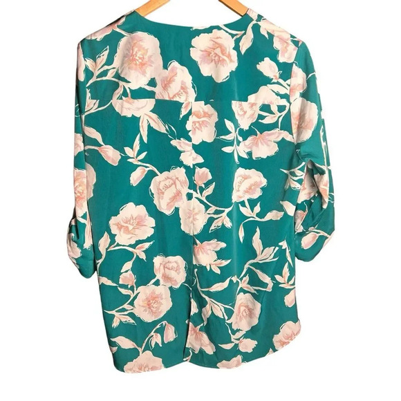 Verse Maternity Women’s Blouse Green Floral V Neck Roll Tab Sleeve Size L - Picture 6 of 11